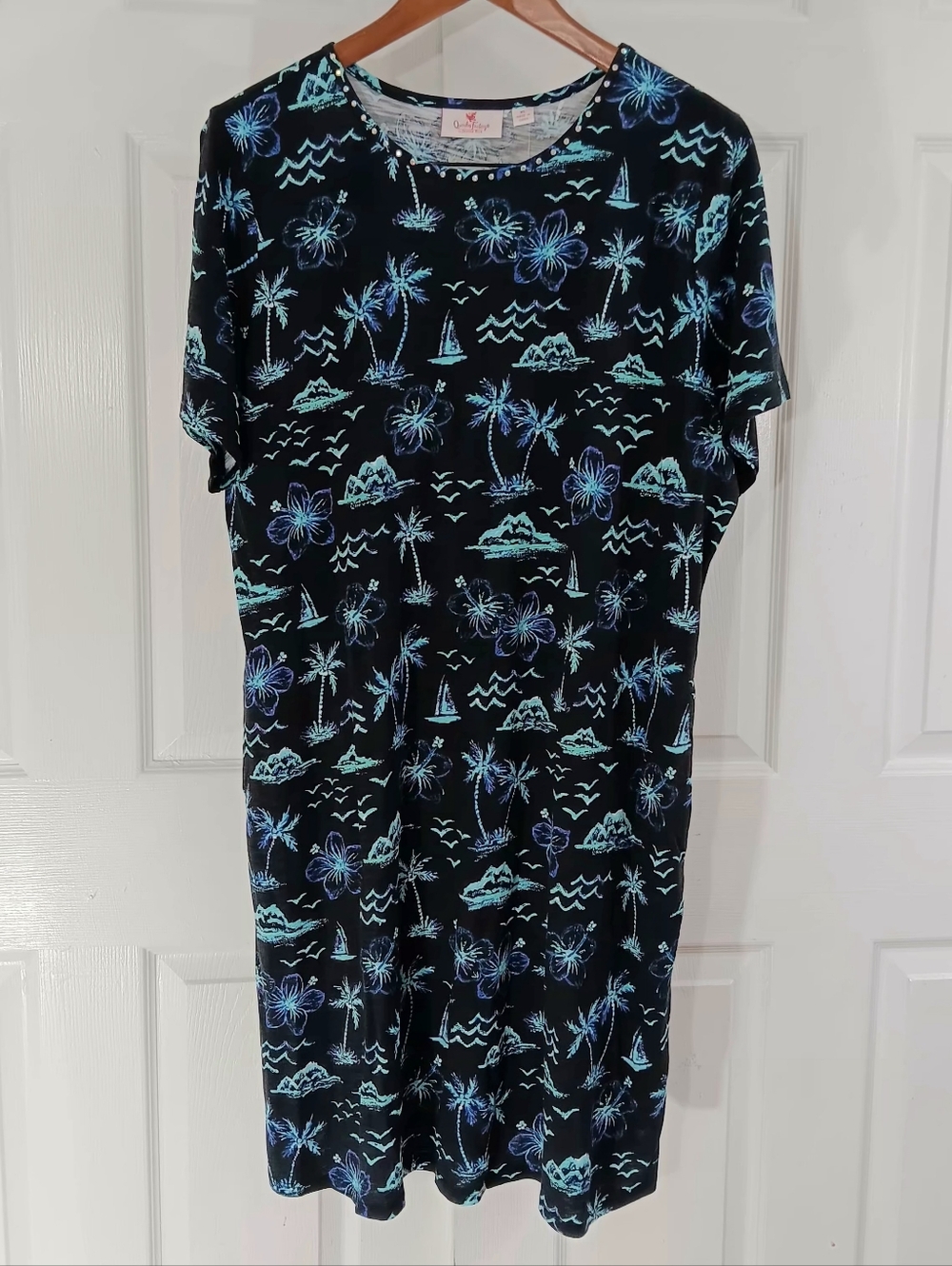 Quaker Factory Women's XL Midi Dress Palm Island Print Vacation Cruise Multicolo